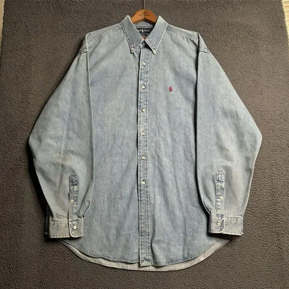 Vintage Polo Ralph Lauren Denim Button Down Shirt Mens XL Red Pony Old Money